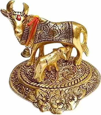 SHRI ASTHA VINAYAK Kamdhenu Cow Statue with Calf for Home Decor Gifting and Decorative Decorative Showpiece  -  10 cm(Brass, Gold)
