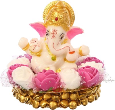 eCraftIndia Lord Ganesha Idol on Decorative Handcrafted Plate with Pink and White Flowers Decorative Showpiece  -  8 cm(Metal, Polyresin, Pink, White)