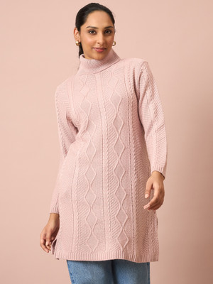 CLAPTON Self Design, Woven Turtle Neck Casual Women Pink Sweater