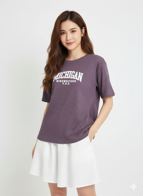 HRS BY RFE Solid Women Round Neck Purple T-Shirt