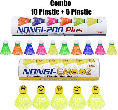 Nongi Badminton shuttle (200Plus & Emoz) combo pack of 15 shuttle for badminton sports Plastic Shuttle  - Multicolor(Medium, 77, Pack of 15)