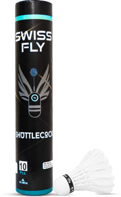 SWISS FLY Pack of 10 Durable Feather Shuttlecocks for Badminton Practice Feather Shuttle  - White(Fast, 79, Pack of 10)