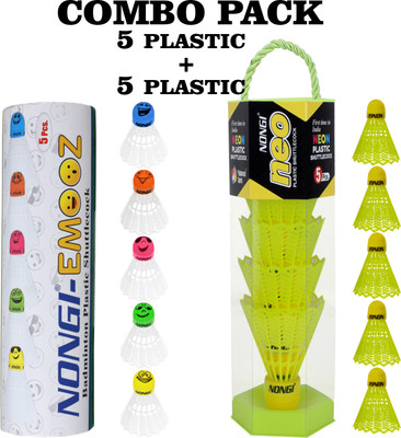 Nongi Badminton shuttlecock (NEO & Emoz) combo pack shuttle for indoor outdoor sports Plastic Shuttle  - Yellow(Medium, 77, Pack of 10)