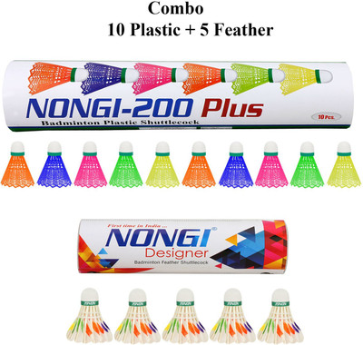Nongi Badminton shuttle (D6 & 200plus) combo pack of 15 Feather & Plastic Shuttle  - Multicolor(Medium, 77, Pack of 15)