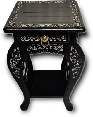 manzees Premium Beautiful Floral Carving Bedside Table with drawer, End Table Solid Wood Bedside Table(Finish Color - Black, Pre-assembled)