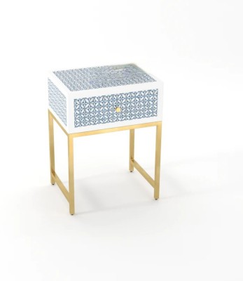JODHA Floral Bone Inlay Bedside Table-Geometric Flower Solid Wood Bedside Table(Finish Color - Tealblue, DIY(Do-It-Yourself))
