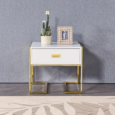 KDINTERIORS Modern White Wooden End Table with 1 Drawer & Golden Double Pedestal Steel End Table(Finish Color - White & Gold, DIY(Do-It-Yourself))