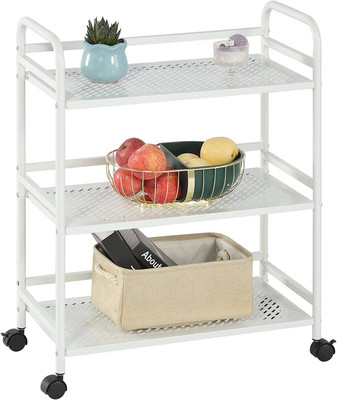 Indian Decor 61304 Mesh Metal Rolling Cart 3-Tier, Multipurpose Heavy Duty Cart Metal Side Table(Finish Color - White, Pre-assembled)