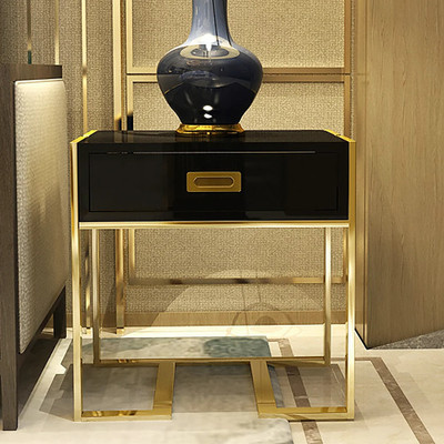 KDINTERIORS Modern Black Wooden End Table with 1 Drawer & Golden Double Pedestal Steel End Table(Finish Color - Black & Gold, DIY(Do-It-Yourself))