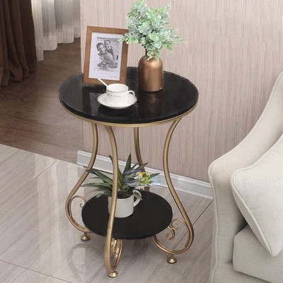 FlipsShoppee Round Marble Top Side Table with Gold Iron Frame & Storage Shelf – 16x20 Inch Engineered Wood Coffee Table(Finish Color - BLK/GOLD, Pre-assembled)