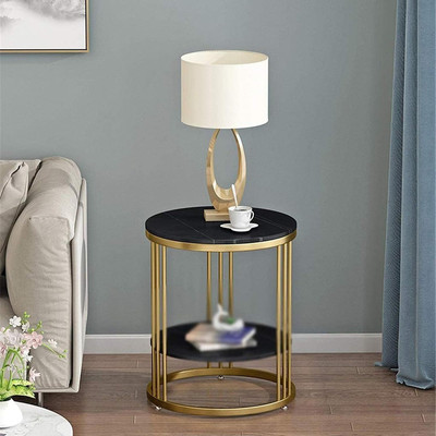WOOD KARTINDIA Round Marble Side Table with Gold Frame – End Table for Living Room (43x54 cm) Engineered Wood Side Table(Finish Color - Black, Pre-assembled)