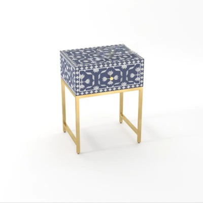 JODHA Bone Inlay Bedside Table - Floral Solid Wood Bedside Table(Finish Color - Indigoblue, DIY(Do-It-Yourself))