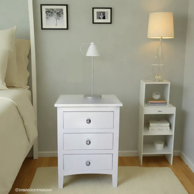 TRUE FURNITURE Sheesham Wood Bed Side Table for Bedroom with 3 Drawer Side Table (White) Finish Solid Wood Side Table(Finish Color - White Finish, Pre-assembled)