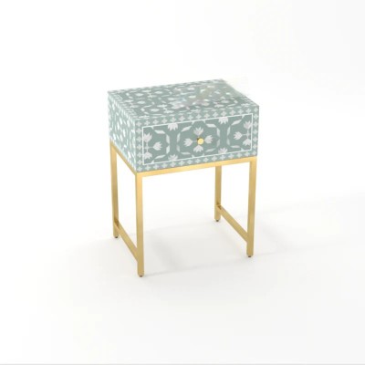 JODHA Bone Inlay Bedside Table - Floral Solid Wood Bedside Table(Finish Color - Seagreen, DIY(Do-It-Yourself))