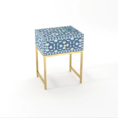 JODHA Bone Inlay Bedside Table - Floral Solid Wood Bedside Table(Finish Color - Tealblue, DIY(Do-It-Yourself))
