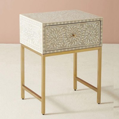 JODHA Floral Bone Inlay Bedside Table Solid Wood Bedside Table(Finish Color - Grey, DIY(Do-It-Yourself))