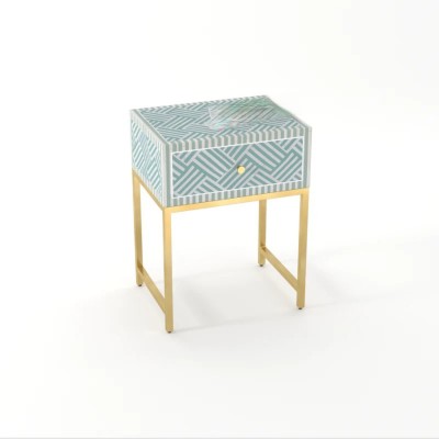 JODHA Bone Inlay Bedside Table HerringBone(Seagreen) Solid Wood Bedside Table(Finish Color - Seagreen, DIY(Do-It-Yourself))