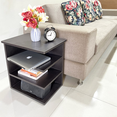 KAWACHI Sofa Side End Bedside Table Nightstand with 4 Storage Book Shelves Engineered Wood Bedside Table(Finish Color - Wenge Black, DIY(Do-It-Yourself))