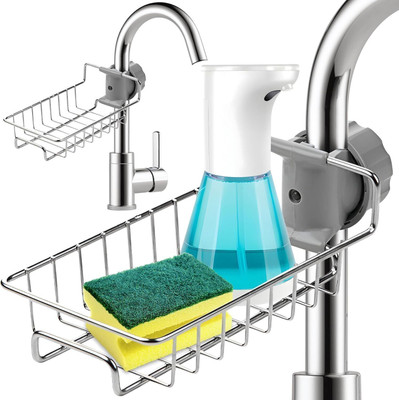 RHHG E COM Kitchen Sink Faucet Sponge Holder Caddy Organizer Over Sink Sponge Holder(Steel)