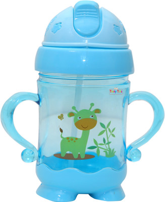 TINNY TOTS Unbreakable Baby Sippy Cup Learning Sipper Feeding Straw Bottle & Twin Handles(BLUE STRW)