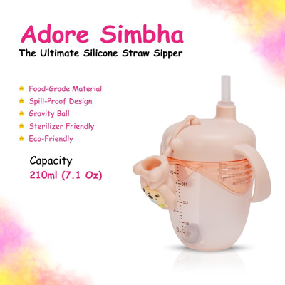 Adore Simbha- The Silicon Straw Sipper with Gravity Ball & Twin Handle 210ml(Pink)