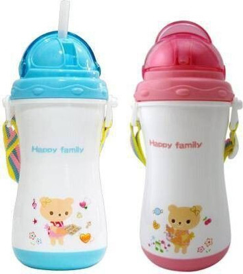 Chinmay Kids Baby Soft Straw Sipper White Anti Spill Sippy Cup with Adjustable Strap for Baby & Kids Water Bottle/Juice Sipper BPA Free 350ML (Pack of 2)(Blue, Pink)