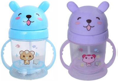 Kidsify Baby Bear Opaque Soft Straw Feeding Sipper with Twin Handle Anti Spill Sippy Cup for Baby & Kids Water Bottle/Juice Sipper BPA Free 300ML (Pack of 2)(Blue,Purple)
