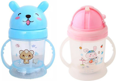 Kidsify Baby Bear Opaque Soft Straw Feeding Sipper with Twin Handle Anti Spill Sippy Cup for Baby & Kids Water Bottle/Juice Sipper BPA Free 300ML (Pack of 2)(Blue,Pink)