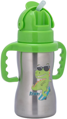 Adore Gracious! Stainless Steel Straw Sipper with Twin Handle 290ml- Green Dino(Green)