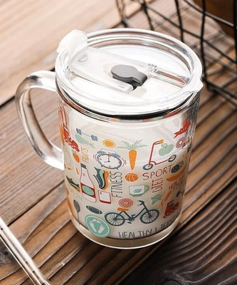 SHRUJA Glass Tumbler with Lid and Straw Coffee Mug Tea Cup Travel Mug Glass Set Water/Juice Glass(350 ml, Glass, White)