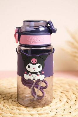 womaniyaa Cute Kuromi BPA Free Water Bottle with Straw,Handle,Strap |Flip Top Bottle(purple clear)