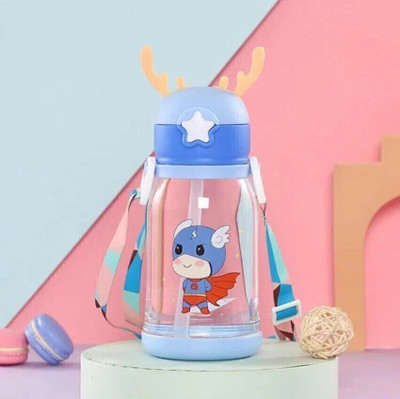Naartjie Cartoon Printed Deer Horn Sipper Water Bottle with Strap, Straw, Leakproof(Blue)