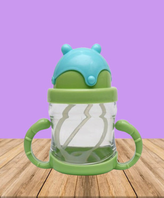 TINNY TOTS Baby Unbreakable Sippy Sipper Feeder Bottle With Twin Handles & Straw(GREEN CAP)