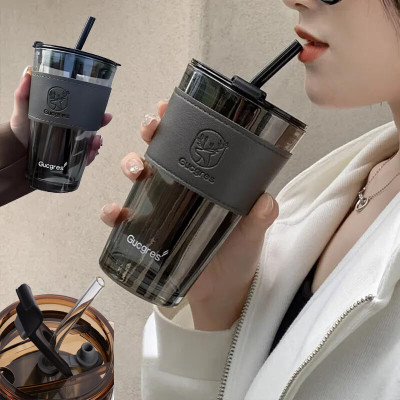TU4 Enterprise Coffee Drinking Glasses with Lids and Glass Straw Sipper Mug(Black)