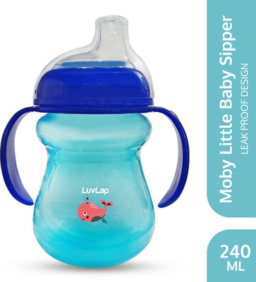 LuvLap Moby Little Baby Sipper/ Sippy Cup 240ml, Anti-Spill Soft Silicone Spout, 6m+,(Blue)