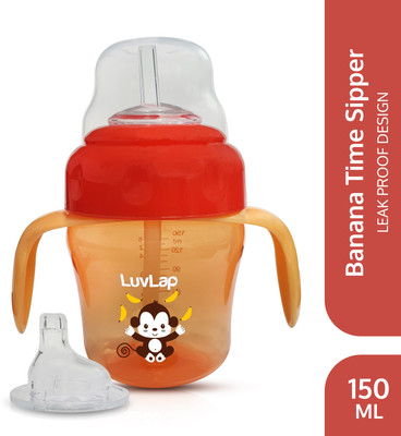 LuvLap Banana Time Sipper / Sippy Cup 150ml, Anti-Spill Design with Soft Silicone Spout and Straw, 6m+(Orange)