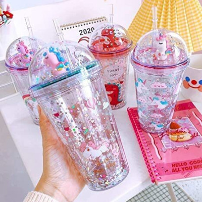 luzzo Plastic Light and Non Light Sipper Tumbler With Straw 600ml Unicorn Design(Multicolor)