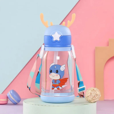 Modiza Deer Horn Cartoon Design Sipper Water Bottle for school Kids with Lock cap(Blue)