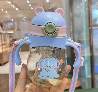 Cubella wrapped in love Baby Sipper Bottle Bear Design Soft Silicone Straw with Handles & Strap(Blue)