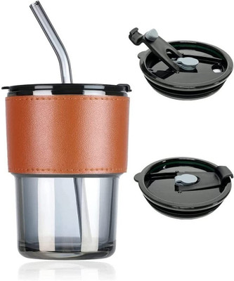 PalD Glass Reusable Sipper Bottle with Leather Sleeve Glass Coffee Mug with Straw Lid Glass Water/Juice Glass(400 ml, Glass, Yellow)
