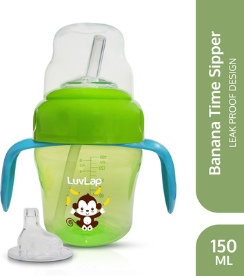 LuvLap Banana Time Sipper / Sippy Cup 150ml, Anti-Spill Design with Soft Silicone Spout and Straw, 6m+(Green)