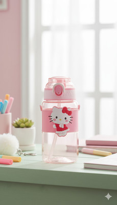 womaniyaa Cute kitty BPA free Water Bottle with Straw,handle,strap |Flip Top Bottle(Pink)