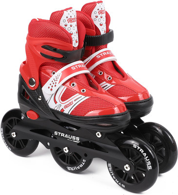 Strauss Adjustable Inline Skates (Blaze) | Skating Shoes | PU 3 Wheels|(For 12+ Years)| In-line Skates - Size UK (7-11) UK(Red, Black)