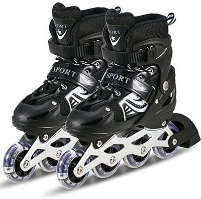 HHS SPORTS Kids Adjustable Inline Skates In-line Skates with LED Light Wheels (Black) In-line Adults Size  6 UK - 9 UK(Adjustable, Beginner, Intermediate, Training, Black)