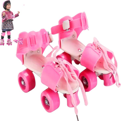 KAVANA Age Group 5-12 Years Adjustable Inline Skating Shoes Quad Roller Skates 2 Quad Roller Skates - Size 4--12 UK(Pink)