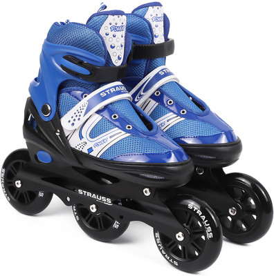 Strauss Adjustable Inline Skates (Blaze) | Skating Shoes | PU 3 Wheels|(For 8-12 Years)| In-line Skates - Size UK (2.5 - 6) UK(Blue, Black)