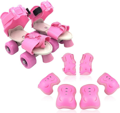 Hoteon Kids Roller Skate Shoes with Knee Pad Elbow Wrist Pads Guards Protective Gear Quad Roller Skates - Size 4-9 UK(Pink)