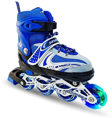 Jaspo Sparkle Adjustable Inline Roller Skates with Front Lightup Wheels for Kids Small In-line Skates - Size 11-2 UK(Blue)