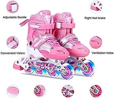 MY BABY LOVE A PERFECT CARE Inline Skates Adult Adjustable Beginner Skating Shoes Skates with LED Flash Quad Roller Skates - Size NA UK(Pink)