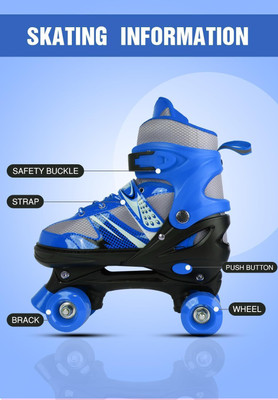 Raajmadhav Skating shoes for Boys & Girls, Skates with Toe Safety Brake, Age 6-14 Years Quad Roller Skates - Size 6-9 UK(Blue)